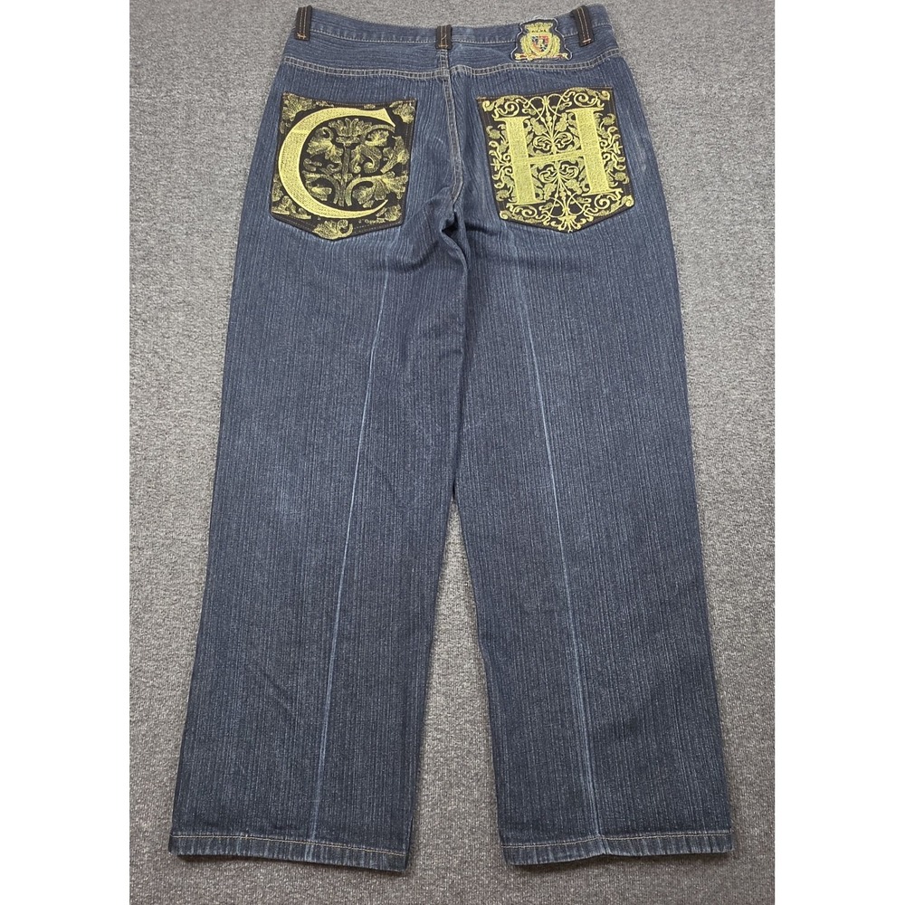 Vintage Y2K Crown Holder Jeans Embroidered Wide Leg Straight Baggy Mens 38x32